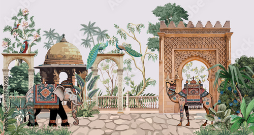 Traditional Mughal Garden Illustration, Mughal Arch, Peacock, Wallpaper Mural, Elephant. 