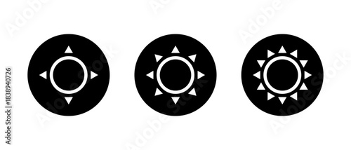 Sun outline icon set in black circle. Weather and brightness symbol