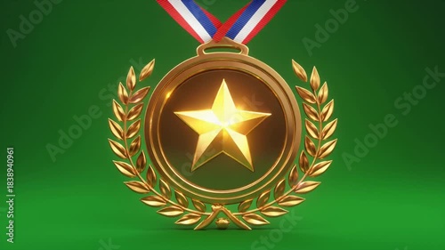A shiny golden medal with a prominent star and laurel wreath, hanging from a patriotic ribbon against a vibrant green background.