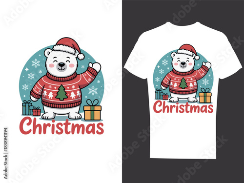 Cute polar bear wearing a Christmas sweater,
adorable holiday Christmas. day t-shirt design 