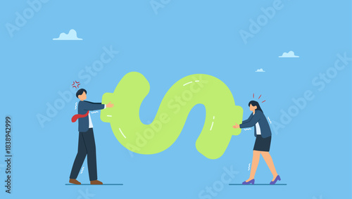 Greedy business people company owner or worker pulling tug of war money dollar sign with full effort. Fight for money, tug of war, business competition fight for market share or work conflict.
