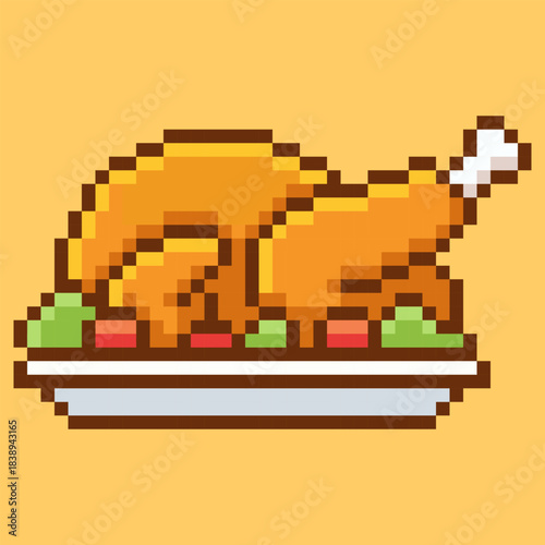 Delicious roasted turkey or chicken on a platter in a vibrant retro pixel art style. Featuring a golden-brown bird with green and red garnishes, representing a festive feast