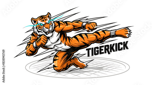 Dynamic Tiger Mascot Performing a Martial Arts Kick with Energy Effect