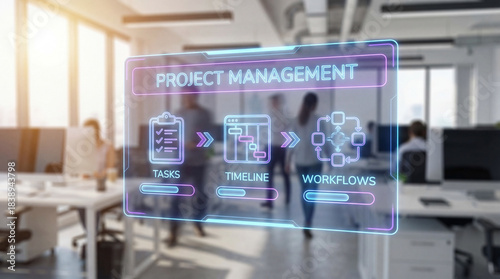 Project management digital interface showing tasks timeline workflows with checklist gantt chart and process diagram in modern office environment