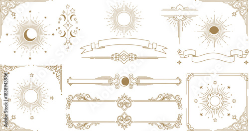 Celestial and art deco design elements with suns moons and stars
