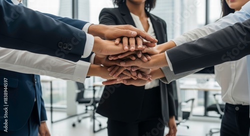 Team Spirit and Unity: A close-up view capturing hands, coming together in a symbol of teamwork, and collaboration, unity, and shared commitment to a goal.