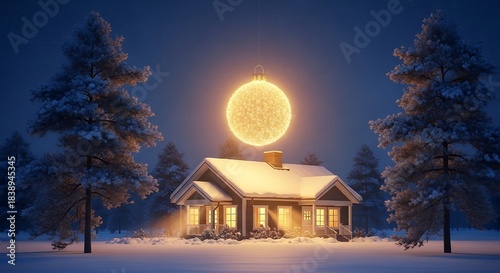 A snow-covered house glows under a giant ornamental light. Trees frame the scene against a night sky, creating a cozy winter landscape