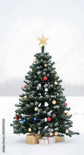 A snow-covered landscape hosts a decorated evergreen tree with a golden star atop. Wrapped gifts are placed beneath