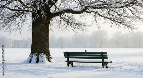 A snow-covered landscape features a bench beneath a frosted tree. Buildings are seen in the distance through a light fog