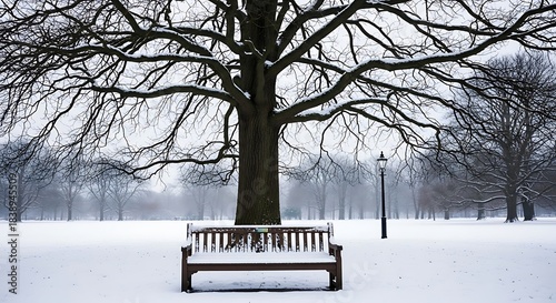 A snow-covered park scene features a bench beneath a large, bare tree, with other trees and a lamppost visible