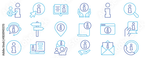 Information icon set. Contains call center, FAQ, help desk info, question mark, search information, customer support service, manual, rules, instructions, and more. Vector illustration.