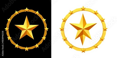 Circular gold star frame with a prominent central star, isolated vector illustration Perfect for badges, emblems, or seals on dark and light backgrounds,  blank template,  ornate