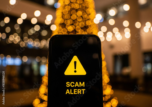 Smartphone screen shows “Scam Alert” warning with festive bokeh lights, highlighting holiday season cybersecurity awareness.