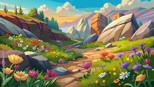 Very beautiful spring wildflowers covering rocky terrain, forming colorful patterns across open meadows, gentle slopes, and textured stones, capturing a serene natural landscape under warm daylight wi