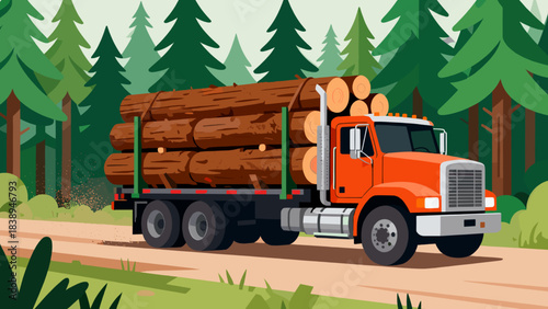 Orange logging truck transporting logs through the forest landscape  