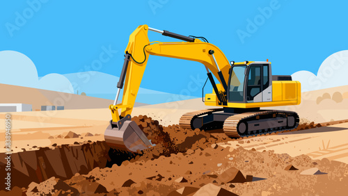 Excavator digging in sandy terrain under clear blue sky  