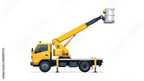 Yellow aerial lift truck with extended boom on white background - Concept of road, special vehicles  
