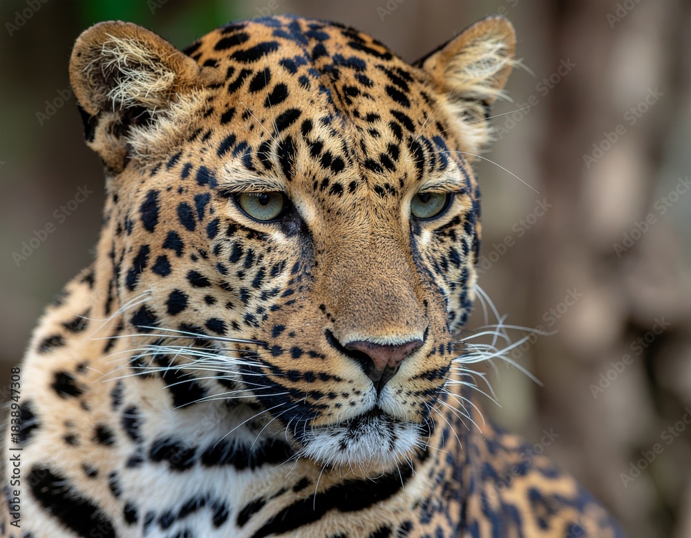 Naklejka premium Intense Close-up Portrait of a Majestic Leopard with Green Eyes in Natural Habitat