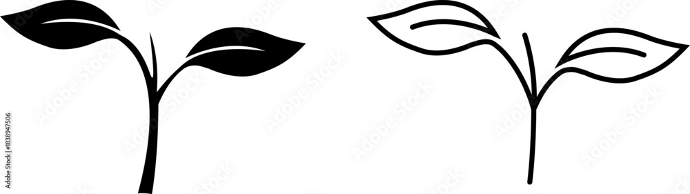 Naklejka premium Icon representing two simple plant designs with leaves shown in black and white against a plain background