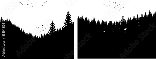 Black forest landscape silhouette with soaring birds on a clean white sky