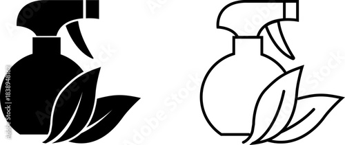 Logo design featuring a spray bottle and leaves used for gardening or cleaning purposes and representing eco-friendly solutions