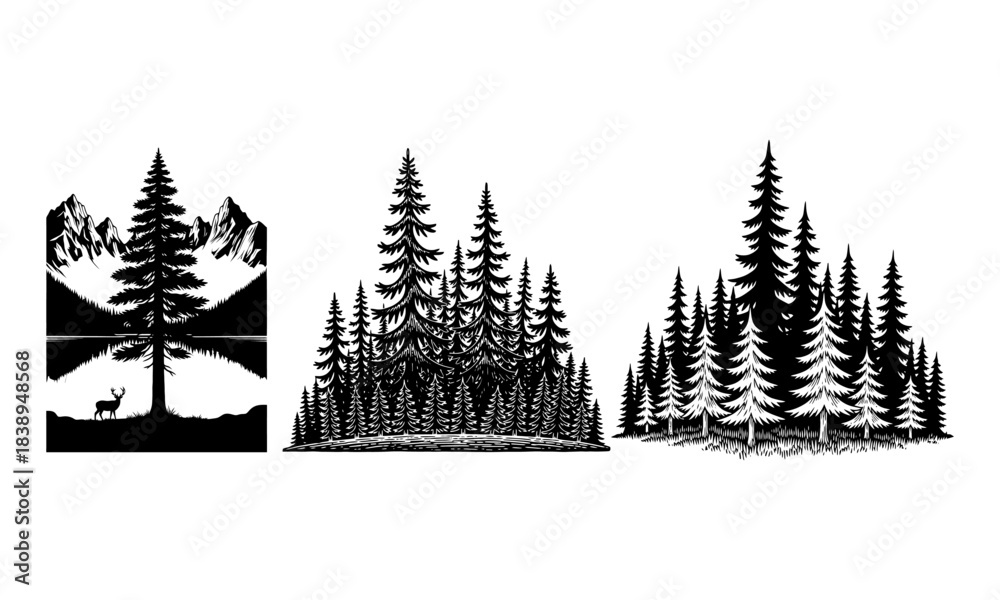 Fototapeta premium Pine tree forest mountain wilderness nature silhouette illustration design set