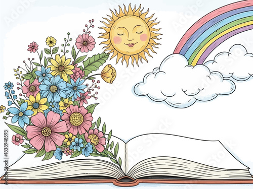 Whimsical Book Illustration with Sun, Rainbow, and Flowers – Cute Pastel Storytelling Art