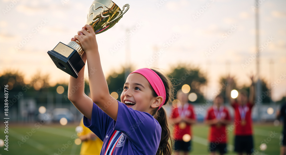 Naklejka premium Young girl soccer player joyfully holding a winning trophy. Child champion celebrating victory after a game. Youth sports success and achievement