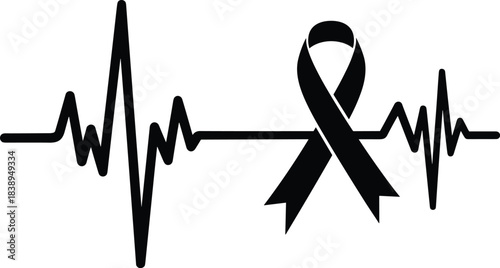 Black ribbon integrated with heartbeat line symbolizing hope and awareness
