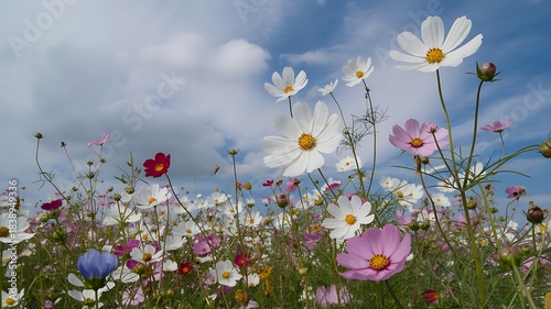 Fototapeta Naklejka Na Ścianę i Meble -  A beautiful meadow of cosmos flowers in full bloom under a blue sky with fluffy white clouds on a sunny day