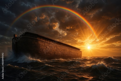 Noah's Ark on a stormy sea with a rainbow after the great flood. Biblical story of God's covenant and hope. Christian religious concept