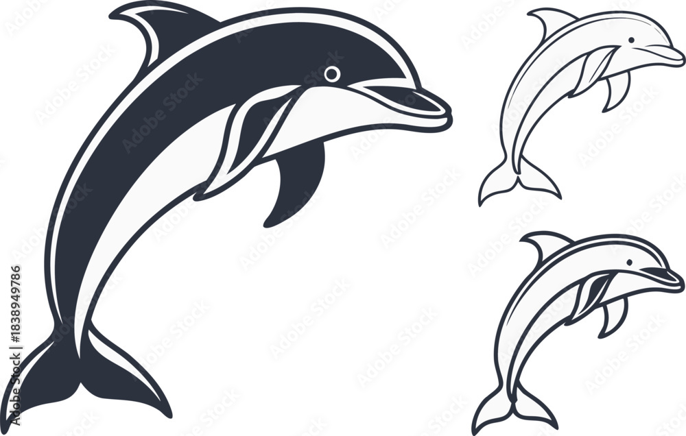 Naklejka premium Jumping Dolphin Silhouette Vector, Simple Ocean Animal Icon