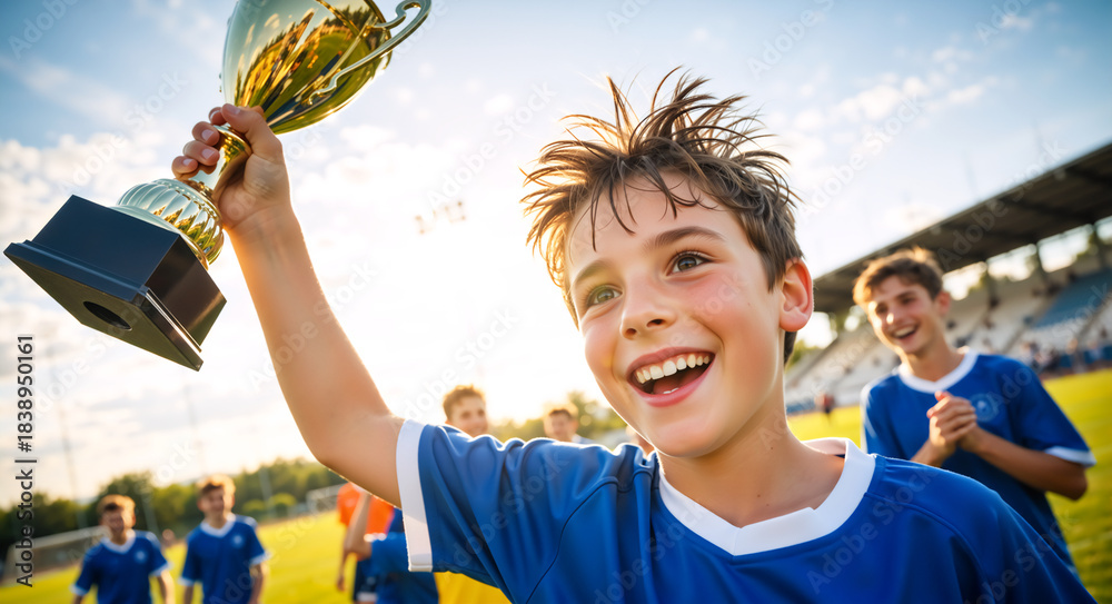 Fototapeta premium Joyful boy celebrating a soccer victory by raising a gold trophy. Happy young champion smiling after winning a football tournament with his team
