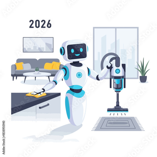 Future Home Assistant Robot – AI Housekeeping Vector Illustration