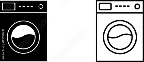 Simple logos of washing machines in black and white design showing front view details of appliance structure and features