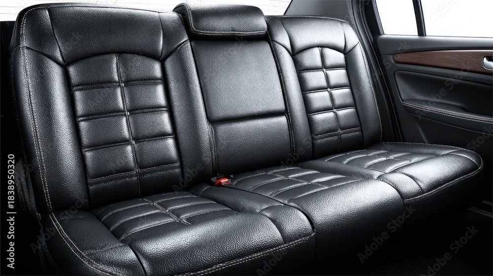 Obraz premium Black leather car back seat with details, close-up shot, interior design focus