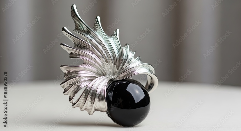 Fototapeta premium Silver ring with black onyx orb exudes elegance and sophisticated craftsmanship perfectly suitable
