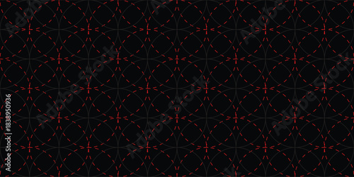 Japanese Modern, abstract, seamless geometric pattern featuring interlocking gray circles and dashed red lines on a deep black background.
