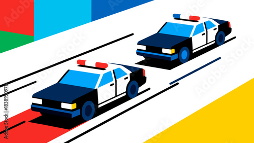 Two police cars racing down the road in a colorful urban setting  