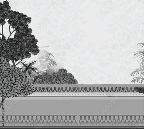 Mughal Indian Rajasthani artwork with peacock elephant camel and ornate pavilion in traditional miniature illustration wallpaper, Mughal garden forest wallpaper with palace, domes, peacock, palm trees