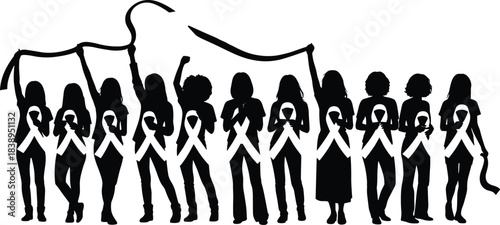 Silhouetted women holding hands in unity with a symbolic ribbon above