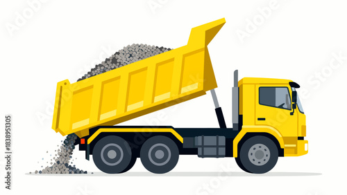 Yellow dump truck unloading gravel on a white background, concept of road, freight transport, special machinery  