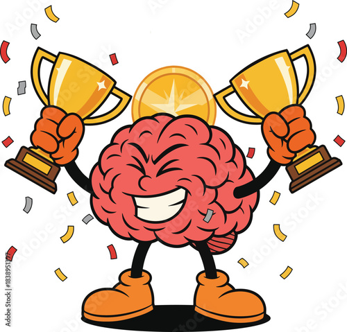 New Happy cartoon brain character win success celebrating victory holding two golden trophies and a medal, isolated on