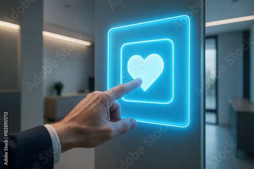 A man's hand presses a glowing blue heart icon on a touch screen. Close-up of a finger on a futuristic like button for social media feedback and approval