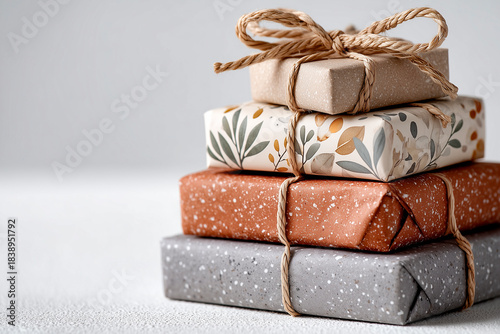 Rustic stack of presents featuring natural paper and rope accents, set against a bright, minimalist backdrop.