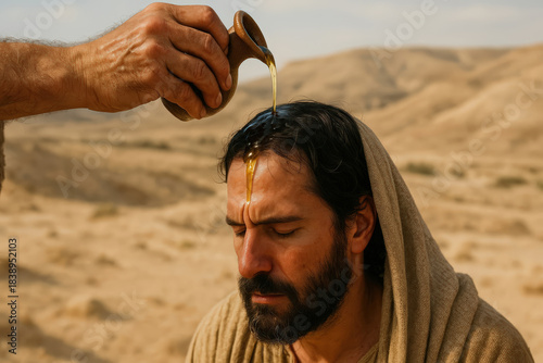 A man is anointed with holy oil from a clay jug in the desert. Biblical scene depicting a sacred spiritual ritual of faith and consecration