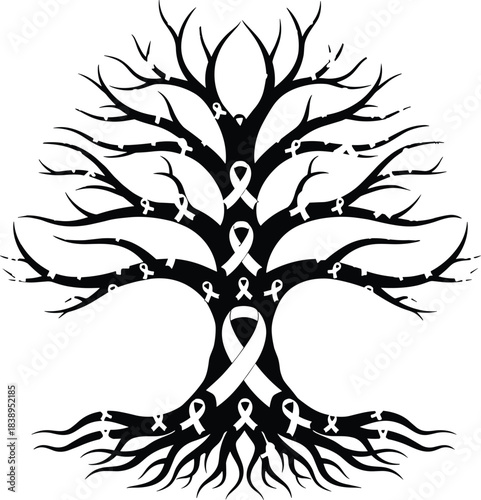 Symbolic tree of life adorned with awareness ribbons representing hope and strength