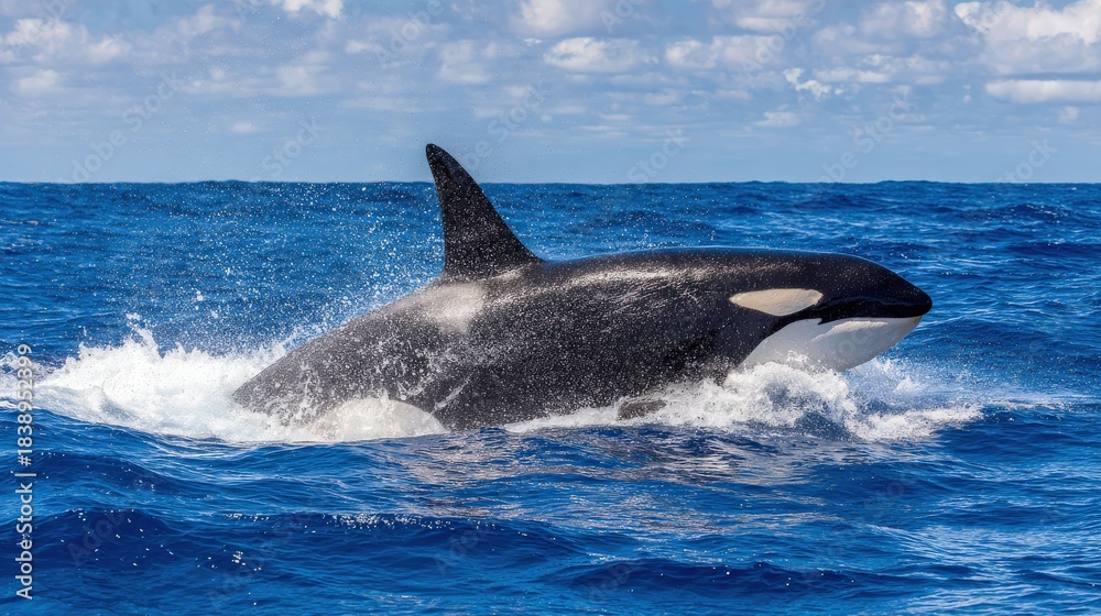 Fototapeta premium Large marine mammal breaches surface amidst deep blue ocean waters under a partly cloudy sky