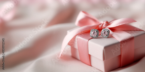 Pink ribbon gift box with sparkling stud earrings placed on satin fabric, creating a soft romantic still life perfect for jewelry or celebration themes.