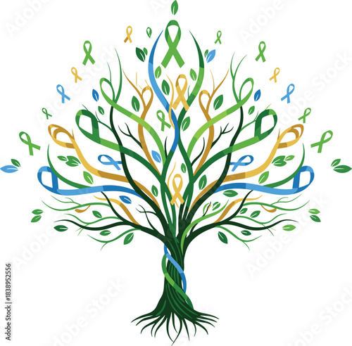 Vibrant tree of life adorned with awareness ribbons symbolizing hope and support